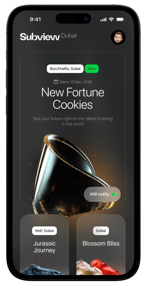 Subview app main screen on iPhone showing a list of available experiences in Dubai