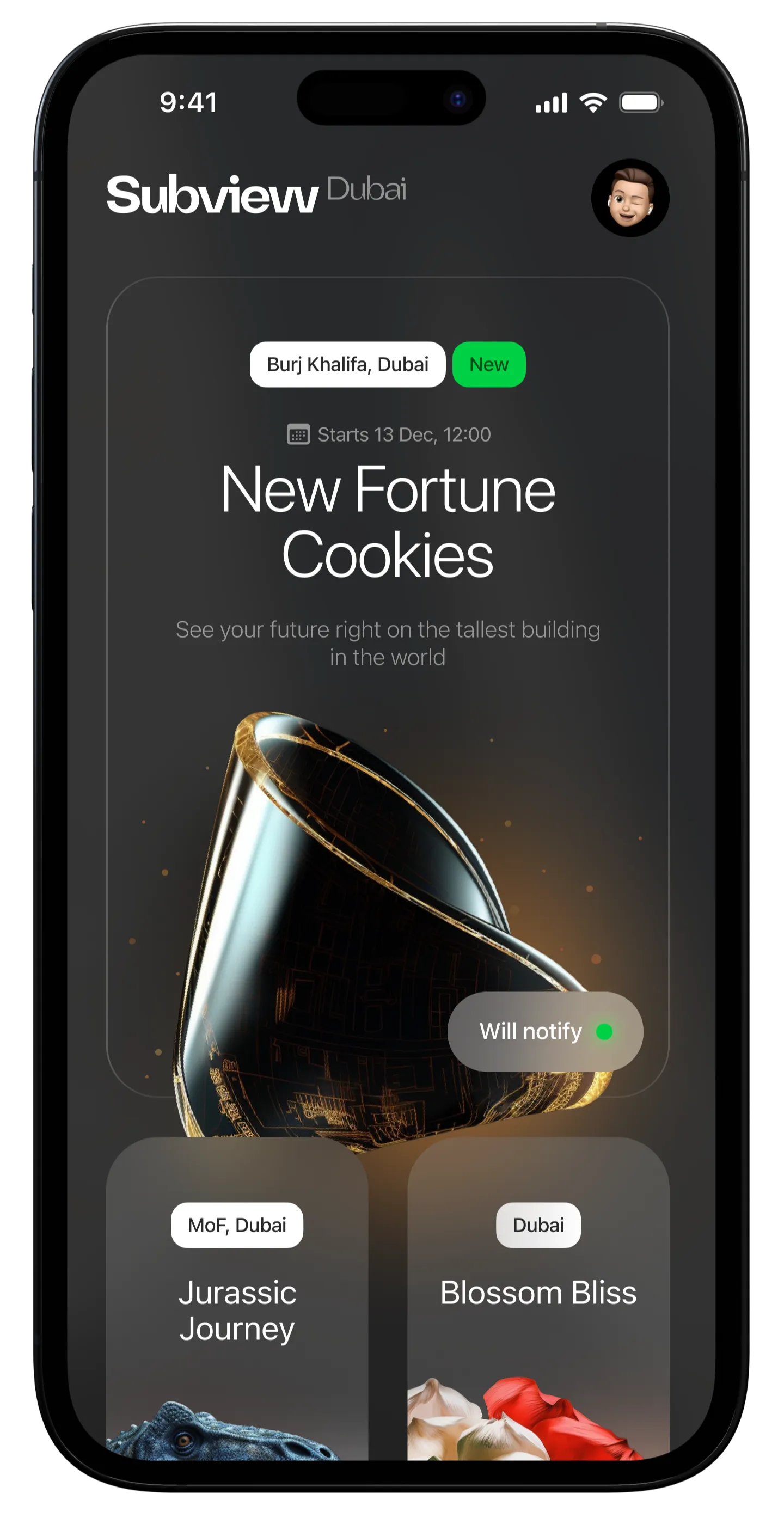 Subview app main screen on iPhone showing a list of available experiences in Dubai